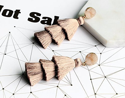 Me&Hz Colorful Layered Tassel Earrings Bohemian Statement Tiered Tassel Big Dangle Drop Earrings for Women Druzy Studs Valentine’s Day Gift - color: Khaki