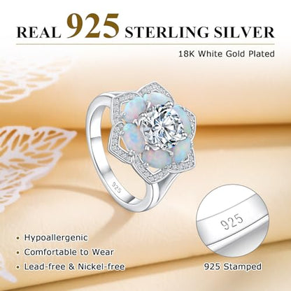 Flower Cocktail Ring for Women Stone Engagement Anniversary Rings | Sterling Silve|Hypoallergenic|Ruby|Sapphire|Emerald|Wedding and Birthday Party Women Statement Ring|Mother and Grandma Gift - color: Opal (Oct.)