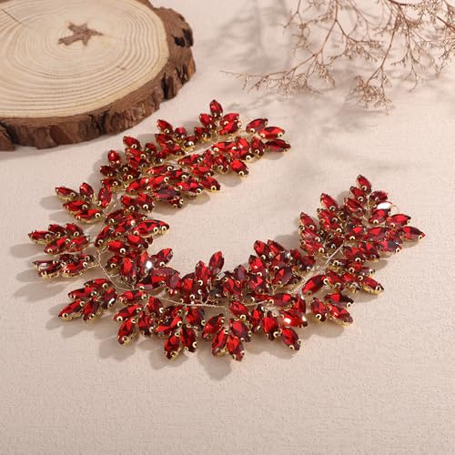 Missgrace Women Silver Green Black Red Blue Handmade Full Crystal Rhinestone Large Headband Hair Vine Shinny Headpiece Bridal Wedding Hair Accessories for Women (Red) - color: Red