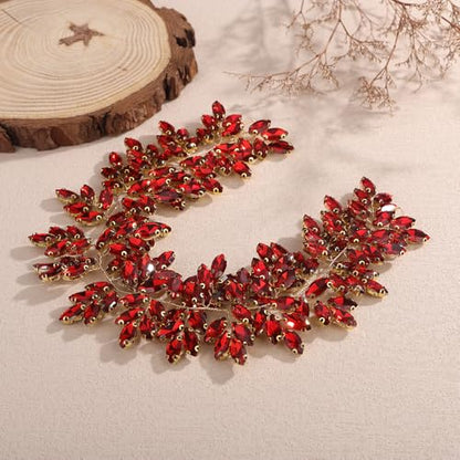 Missgrace Women Silver Green Black Red Blue Handmade Full Crystal Rhinestone Large Headband Hair Vine Shinny Headpiece Bridal Wedding Hair Accessories for Women (Red) - color: Red