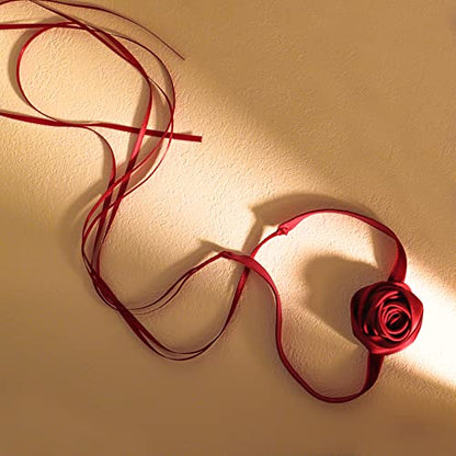 Black Choker Camellia Flower Lace-up Necklace For Women - color: Red ribbon rose