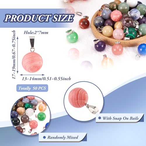 50Pcs Chakra Round Stone Pendants Mixed Healing Crystal Quartz Gemstone Charms for Necklace Jewelry Making Hole: 2x7mm - color: 6-Mixed Color-Ball-Random