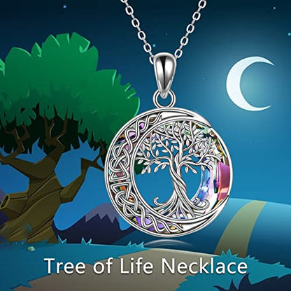 Tree of Life Necklaces S925 Sterling Silver Crystal Tree of Life Pendant Necklace Celtic Knot Moon Tree of Life Jewelry for Women Gifts - color: Purple