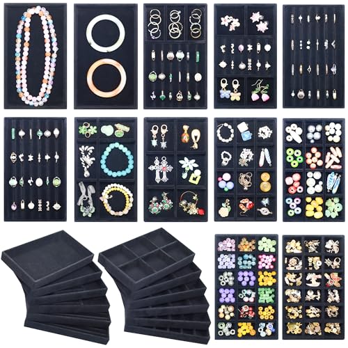 12 Set Jewelry Trays Organizer Stackable Jewelry Display Case Storage Box for Earring Necklace Rings Bracelet Watch, Black - color: Black, size: 12 Pack