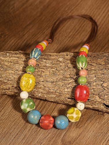 MINACHI Hippie Boho Colorful Ceramic Round Beads Strand Necklace, Bohemian Fashion Statement Jewelry Gift for Women - color: S07