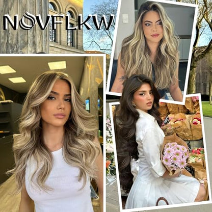 Medium Brown Halo Hair Extensions with Ash Blonde Highlights | 20 Inch Wavy Synthetic Fiber with Invisible Wire and 4 Secure Clips for Easy Daily Styling and Party Wear - color: Ash Medium Brown Highlights