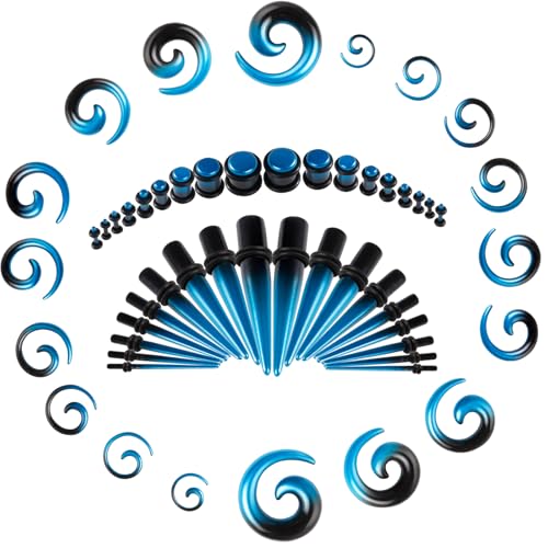 54/102Pcs Ear Stretching Kit 14G-00G Acrylic Ear Gauge Stretching Kit with Heart Plugs Gauge Tapers Ear Tunnels Horseshoes Taper Spiral Tapers Gauges Ear Expanders for Men Women - color: Black & Blue