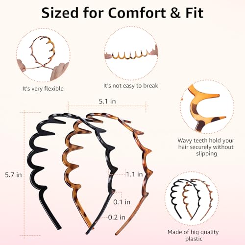 2 Pack Zig Zag Headbands for Women, Non-Slip Wavy Plastic Hair Comb Headbands with Teeth, U-Shape High Cranium Korean Style, Classic 90s Hair Accessories, Gifts for Women (Black & Brown)