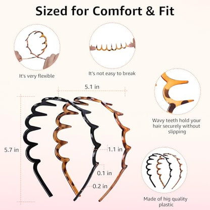 2 Pack Zig Zag Headbands for Women, Non-Slip Wavy Plastic Hair Comb Headbands with Teeth, U-Shape High Cranium Korean Style, Classic 90s Hair Accessories, Gifts for Women (Black & Brown)