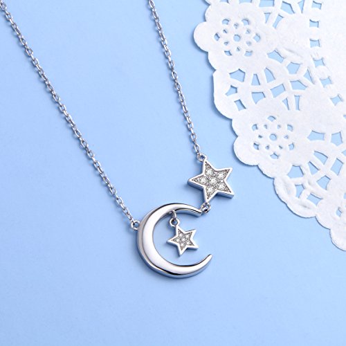 Ladytree 925 Sterling Silver Jewelry Crescent Moon and Star Pendant Necklace - style: Two Stars