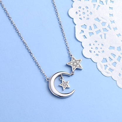 Ladytree 925 Sterling Silver Jewelry Crescent Moon and Star Pendant Necklace - style: Two Stars