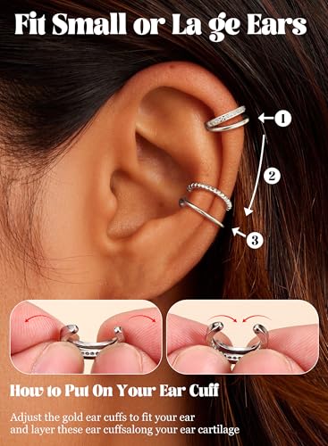 3Pcs Ear Cuff Earrings for Women Non Piercing14K Gold Plated Ear Cuffs Clip on Cartilage Earrings Adjustable Fake Earrings Lightweight