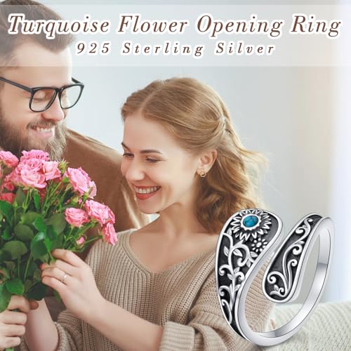 FLYOW Sterling Silver Sunflower Spoon Ring Victorian Style Boho Antique Flower Adjustable Open Ring Retro Statement Cubic Zirconial/Turquoise/Oxidized Thumb Rings for Women Birthday Christmas Jewelry - style: Turquoise Oxidized-7