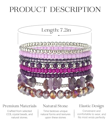 Noessla Boho Beaded Bracelets for Women Stackable Irregular Natural Stone Bead Stretch Bracelet Set 8PCS Costume Jewelry Gifts for Her - color: Purple