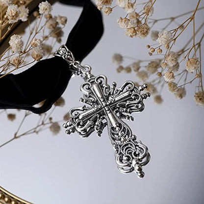 Gothic Black Velvet Goth Choker Necklace for Women,Cameo Black Choker Crow Skull Pendant Necklace Vintage Collar Skull Necklace Gothic Jewelry - style: Cross