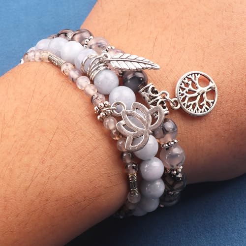 Tree of Life Yoga Healing Stone Bracelets,Multilayer Lotus Chakra Stone Reiki Bracelet Sets,Anxiety Crystal Natural Stone,for Women Stress Relief - style: Black dragon agate + aquamarine