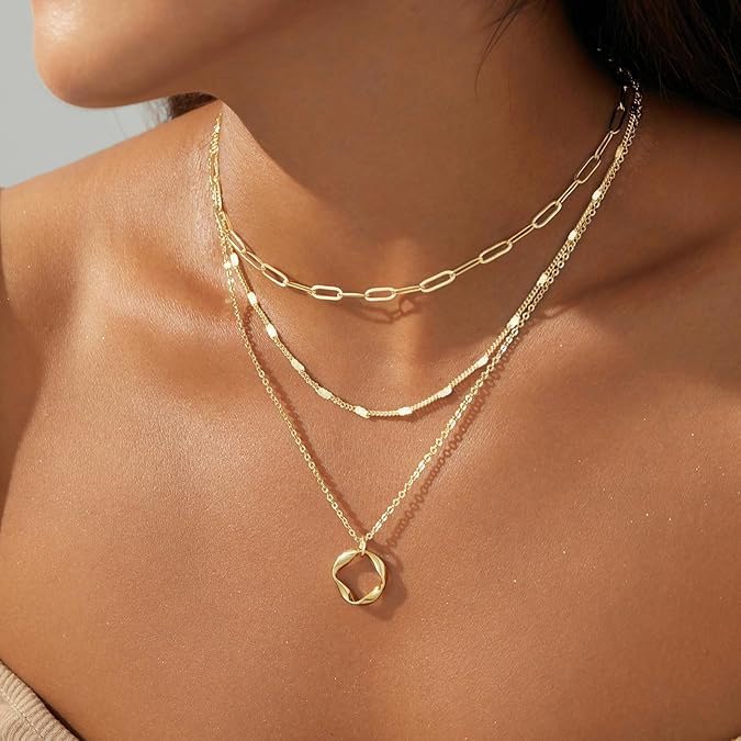 Gold Layered Necklaces for Women, 14K Gold Plated Paperclip Snake Chain Necklace Set, Dainty Coin Cross Tear Pendant Layering Choker Necklaces, Simple Trendy Stackable Jewelry Gifts - color: 3PCS / Twisted Circle & two Chains