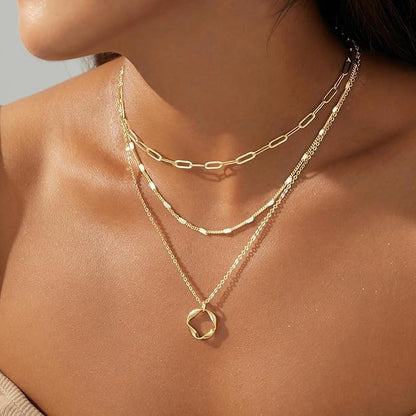 Gold Layered Necklaces for Women, 14K Gold Plated Paperclip Snake Chain Necklace Set, Dainty Coin Cross Tear Pendant Layering Choker Necklaces, Simple Trendy Stackable Jewelry Gifts - color: 3PCS / Twisted Circle & two Chains
