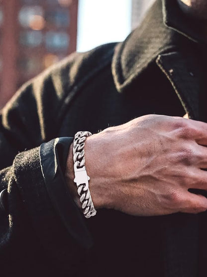 Bandmax Mens Hip Hop Cuban Link Bracelets 5/7/9/12MM Stainless Steel Miami Curb Chain Bracelet Silver/Gold Plated/Black Wristlet Chains for Men 7"-9" - color: 07 9MM-Steel