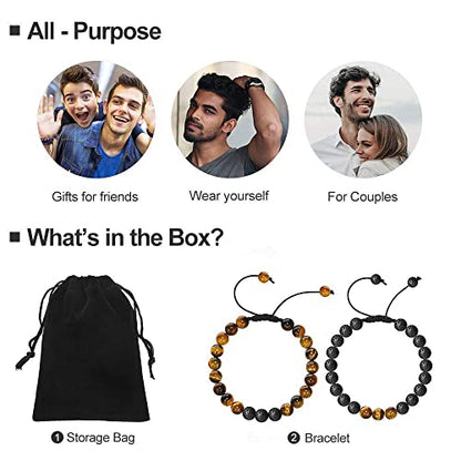 M MOOHAM Mens Bracelet - Beaded Natural Stone 8mm Tiger Eye Matte Agate Lava Rock Bracelets for Men Teen Boys Grandpa Dad Birthday Gifts Jewelry - style: " Tiger eye&Lava Rock Bracelets
