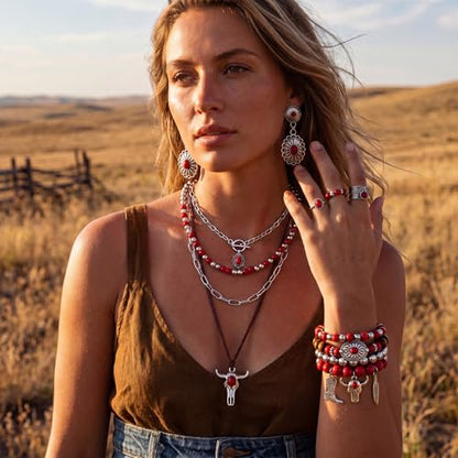 Ecally Bohemian Western Jewelry Turquoise Set Women Country Pendant Long Choker Layered Bracelets Earrings Ring for Women - color: Red, style: Layered