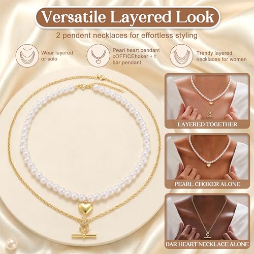 T-Bar Pearl Necklace Stack, Long Layered Necklaces Women, 16K Gold Plated | Heart Pendant Necklace with Dainty Pearl Chain, Non Tarnish Statement Jewelry Set for Trendy Everyday Accessories