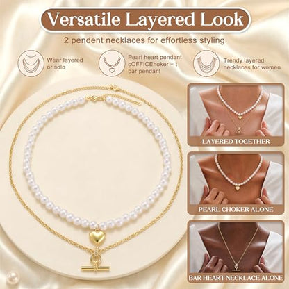 T-Bar Pearl Necklace Stack, Long Layered Necklaces Women, 16K Gold Plated | Heart Pendant Necklace with Dainty Pearl Chain, Non Tarnish Statement Jewelry Set for Trendy Everyday Accessories