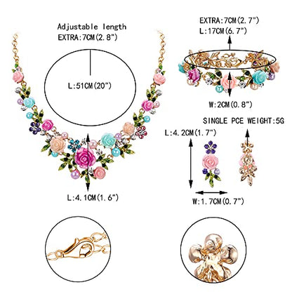 EVER FAITH Costume Jewelry Crystal Simulated Pearl Rose Flower Leaf Prom Party Statement Necklace Earrings Bracelet Set for Women - color: Multicolor Gold-Tone