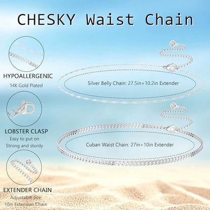 CHESKY 14K Gold Plated Silver Plated Waist Chain for Women, Layered Belly Belt Chains Beach Waist Beads Chain Waterproof Snake Cuban Body Chain Summer Jewelry Accessories for Women - style: cuban wave-sl