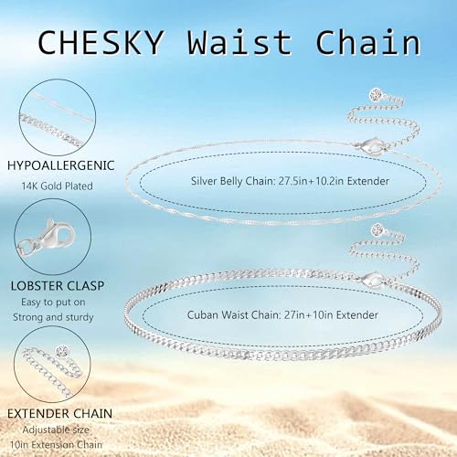 CHESKY 14K Gold Plated Waist Chain for Women, Layered Waist Beads | Silver Plated Gold Body Chains, Beach Summer, Waterproof Snake Belly Belt Chain, Festival Jewelry Accessories for Women - style: cuban wave-sl