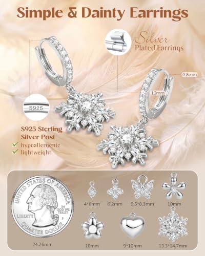FIBO STEEL 14K Gold Plated Hoop Earrings with Charms for Women Huggie Hoops | Hypoallergenic 925 Sterling Silver Post Dangle Earrings Small Silver Gold Hoops Earring Cubic Zirconia Dangle Drop Jewelry - color: Snowflake - Silver Plated