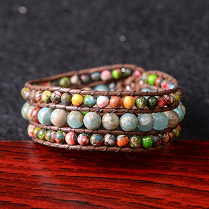 YGLINE Boho Handmade Natural Stone Bead 3 Row Wide Wrap Wrist Statment Bracelet Jewelry Collection - color: regalite ＆agalmatolite