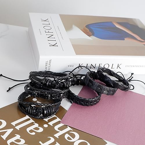 6Pcs Men Braided Leather Bracelet Black Punk Rock Skull Bracelet - color: B: Black