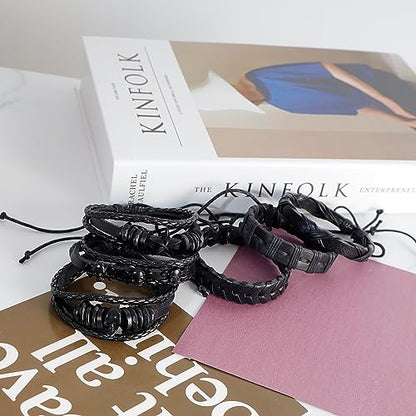 6Pcs Men Braided Leather Bracelet Black Punk Rock Skull Bracelet - color: B: Black