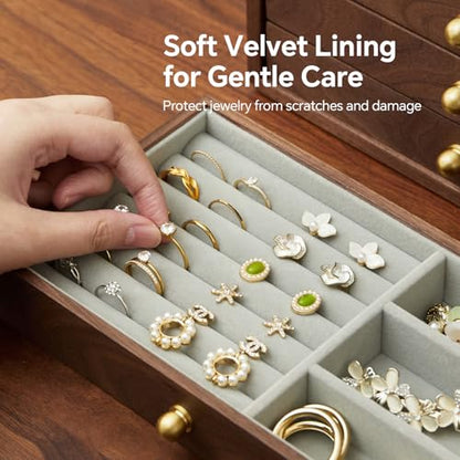 Wooden Jewelry Box for Women Men, Large | Velvet Lined Organizer, 4 Drawers, Solid Black Walnut Brass Handles, For Rings, Necklaces, Earrings - size: 4 drawers