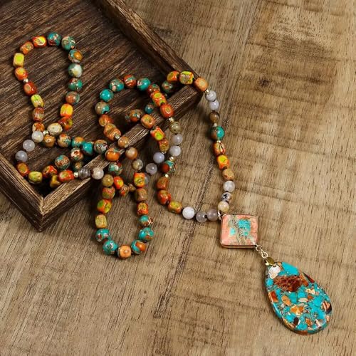 Yomisa Long Necklaces for Women Trendy, 33/34/35 inch | Boho Beaded Necklaces for Women, Natural Stone Pendant, Handmade Knotted Bead, Bohemian Holiday Summer Western Charm Jewelry - color: 35inch-Orange&Blue