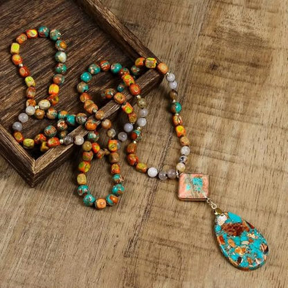 Yomisa Long Necklaces for Women Trendy, 33/34/35 inch | Boho Beaded Necklaces for Women, Natural Stone Pendant, Handmade Knotted Bead, Bohemian Holiday Summer Western Charm Jewelry - color: 35inch-Orange&Blue