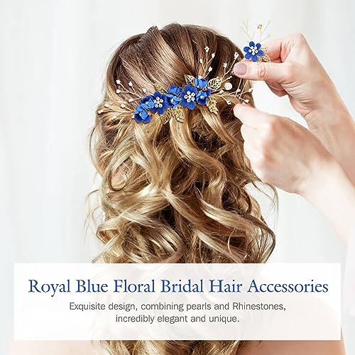Cinaci 18 Pieces Bridal Wedding Party Prom Pearl Rhinestone Royal Blue Flower Hair Side Combs Slides+U-shaped Flower Hair Pins+Twist Spiral Hairpins Floral Headpieces for Brides Bridesmaids Women Girs - color: Royal Blue