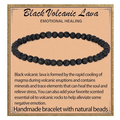 LPBeads Handmade Natural Gemstone Stretch Elastic Bracelet Healing Crystal Round Stone Beads Jewelry Gifts for Women Men - color: Black Lava, size: 4mm