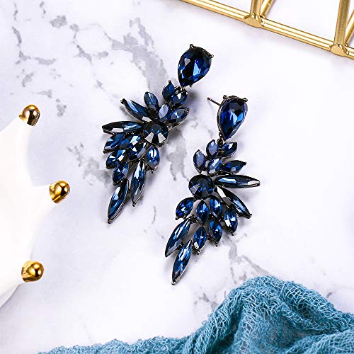 Women's Wedding Bridal Earrings Prom Dangle Earring | Shiny Crystal Teardrop Multi Marquise Cluster for Bride Bridesmaid Bling Jewelry Costume Party Accessories - color: 12-Sapphire Color Black-Tone
