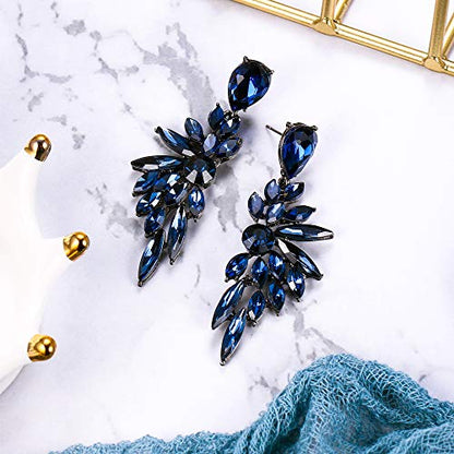 Women's Wedding Bridal Earrings Prom Dangle Earring | Shiny Crystal Teardrop Multi Marquise Cluster for Bride Bridesmaid Bling Jewelry Costume Party Accessories - color: 12-Sapphire Color Black-Tone