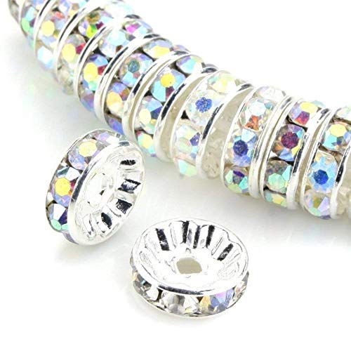 Allb 100Pcs Rondelle Spacer Beads 8mm Silver Plated Czech Crystal Rhinestone for Jewelry Making Loose Beads for Bracelets - color: Multicolored, size: 8mm