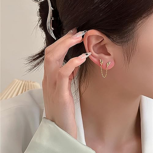 Cute Tiny Butterfly CZ Double Piercing Huggie Small Stud With Short Chain 925 Sterling Silver Cuff Wrap Earrings for Women Cartilage Two Holes Animal Dangle Drop Hypoallergenic - color: Gold