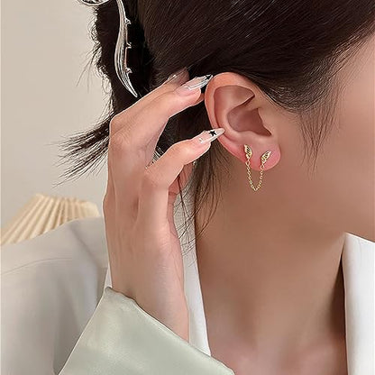 Cute Tiny Butterfly CZ Double Piercing Huggie Small Stud With Short Chain 925 Sterling Silver Cuff Wrap Earrings for Women Cartilage Two Holes Animal Dangle Drop Hypoallergenic - color: Gold