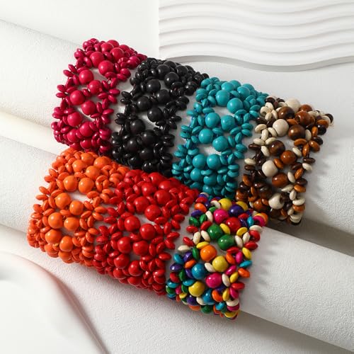 Bohemian Multicolor Natural Wooden Beads Woven Stretch Bracelets Retro Thick Coconut Shell Wood Beaded Elastic Wristband Bracelet Wide Chunky Ethnic Bangles for Women Holiday Jewelry Gifts - style: StyleE