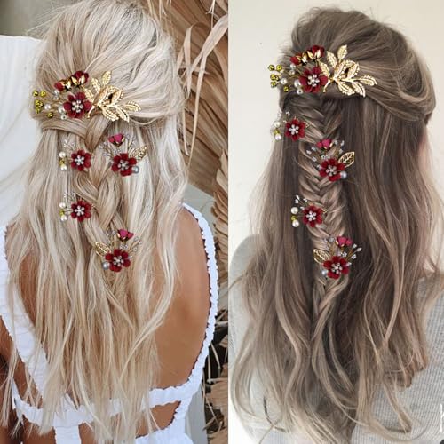 5 PCS Bridal Flower Wedding Hair Pins Crystal Pearl Headpiece Gold Wedding Hair Accessories Jewelry Rhinestone for Brides Bridesmaids Women Girls Updo, Exquisite Flower Leaves&Elegant Burgundy - color: Exquisite Flower Leaves&Elegant Burgundy