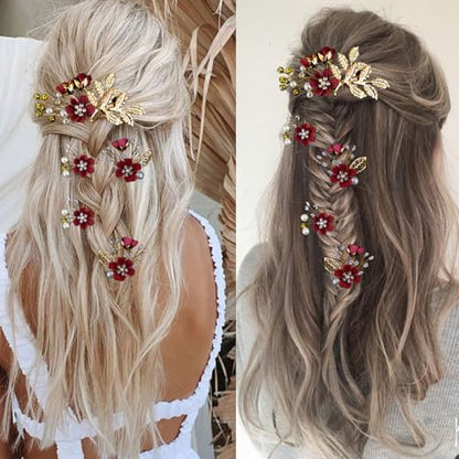 5 PCS Bridal Flower Wedding Hair Pins Crystal Pearl Headpiece Gold Wedding Hair Accessories Jewelry Rhinestone for Brides Bridesmaids Women Girls Updo, Exquisite Flower Leaves&Elegant Burgundy - color: Exquisite Flower Leaves&Elegant Burgundy