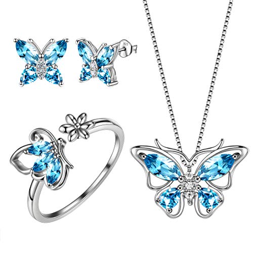 Aurora Tears Butterfly Jewelry,Women 925 Sterling Silver Butterflies Birthstone Pendant Necklace/Earrings/Rings Wedding Gift - color: C.March-set 2