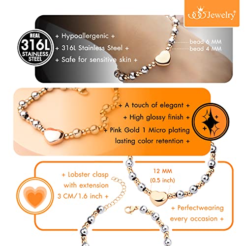 555Jewelry Stainless Steel Beads & Puffed Heart Charm Bracelet for Women & Ladies - color: Silver/Rose Gold