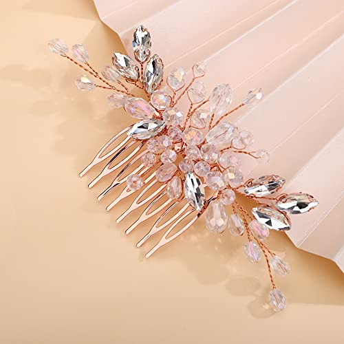 Teyglen Dainty Simple Rhinestone Wedding Hair Comb, Rose Gold - Luxurious Shiny Crystal Bridal Side Hair Pieces, Hair Accessories for Women and Girls - color: Rose Gold
